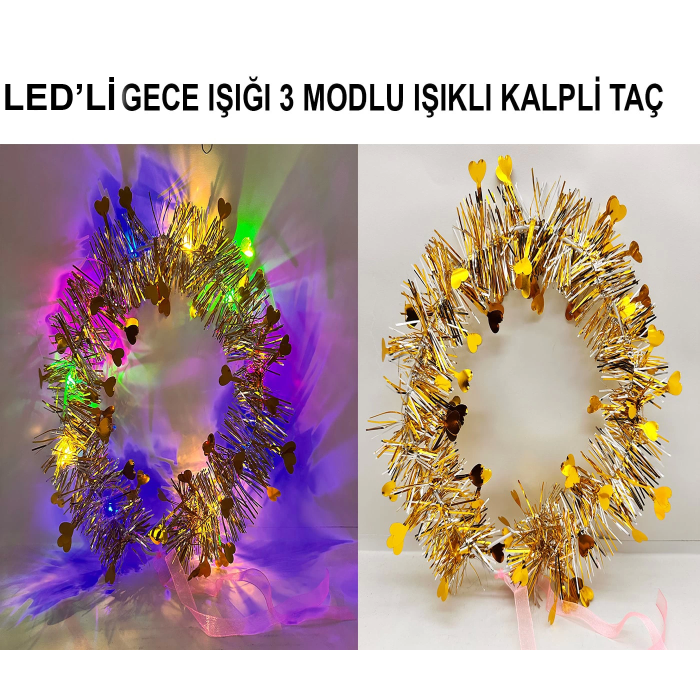 Kalp Püsküllü Gece Parıltısı 3 Modlu Led39li Işıklı Taç Altın Renk - Lisinya