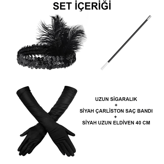 192039ler Gatsby Aksesuar Seti – Siyah Charleston Saç Bandı, Uzun Eldiven  Lık - Lisinya