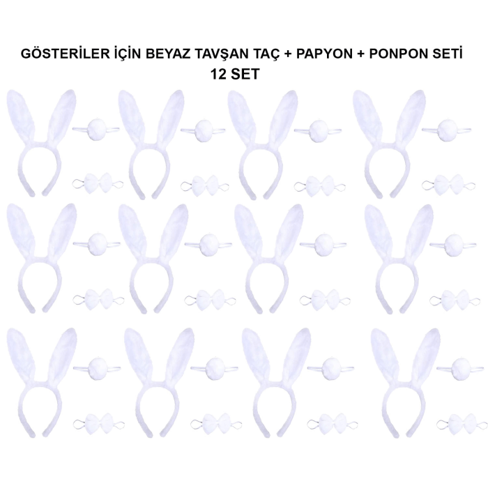 Beyaz Tavşan Kostüm Seti – Taç, Papyon, Kuyruk (12’li Paket) - Lisinya