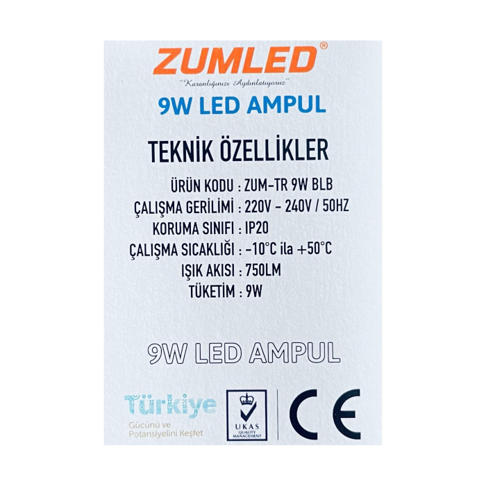 Zumled 9W Beyaz LED Ampul Turk-201