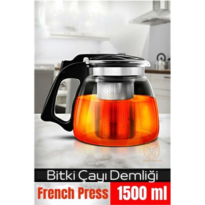 Turk Süzgeçli French Press Cam Demlik 1500 Ml Bitki Çayı Demliği