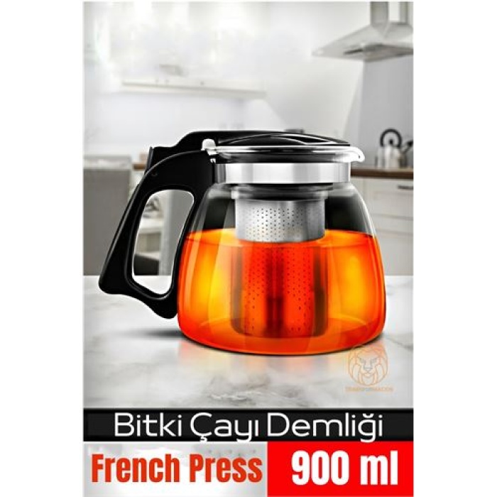 Turk  Süzgeçli French Press Cam Demlik 900 Ml Bitki Çayı Demliği