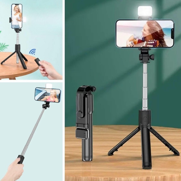 Kendiliğinden Işıklı Masaüstü Tripod Olabilen Telefon Tutuculu Kablosuz Kumandalı Selfie Çubuğu (4767)