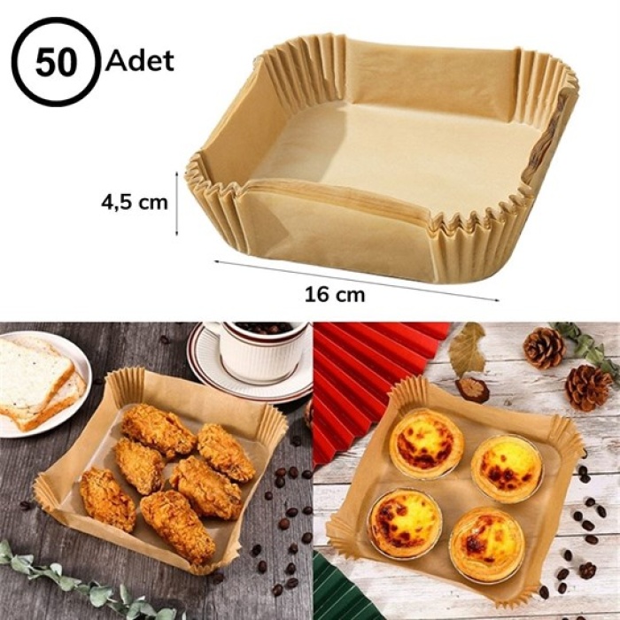 50 Adet Air Fryer Pişirme Kağıdı Tek Kullanımlık Hava Fritöz Yağ Geçirmez Yapışmaz Kare Tabak Model (4767)