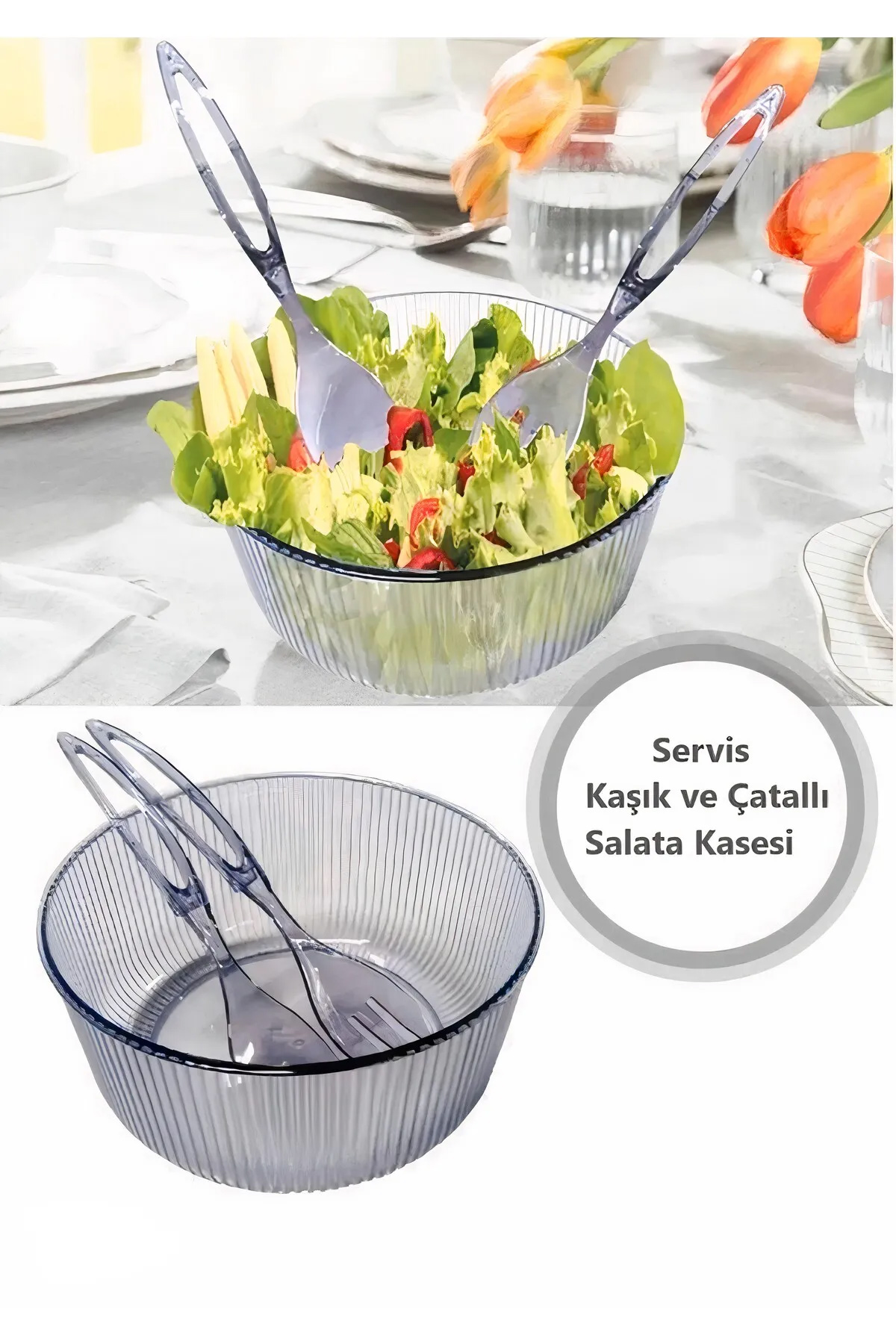 Akrilik, Yuvarlak, Servis Kaşığı ve Çatallı Salata Kasesi Servis Sunum Tabağı 23 cm