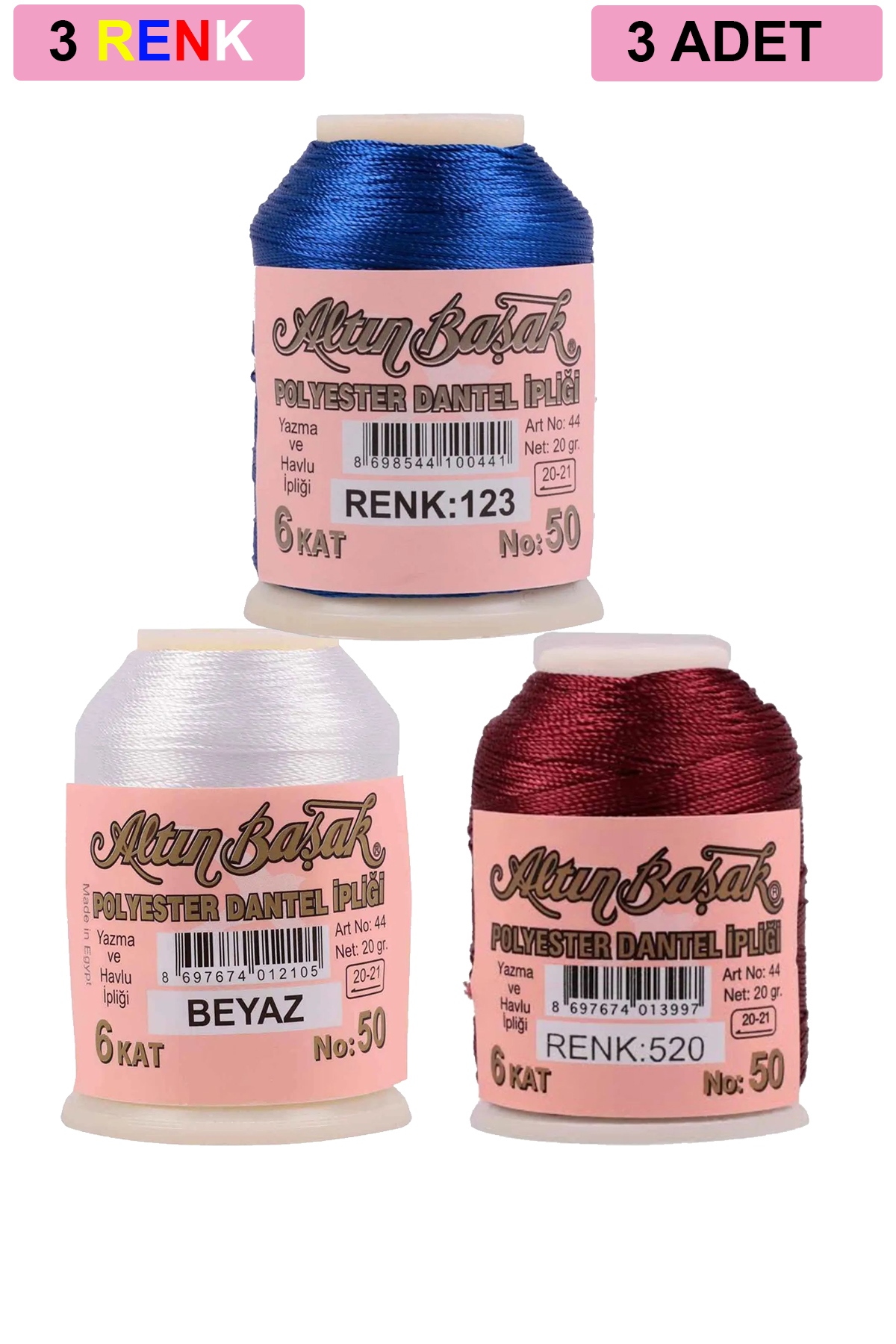 3 Adet Altınbaşak Oya ve Dantel İpi 20 gr - Turk - No: BEYAZ - 520 - 123