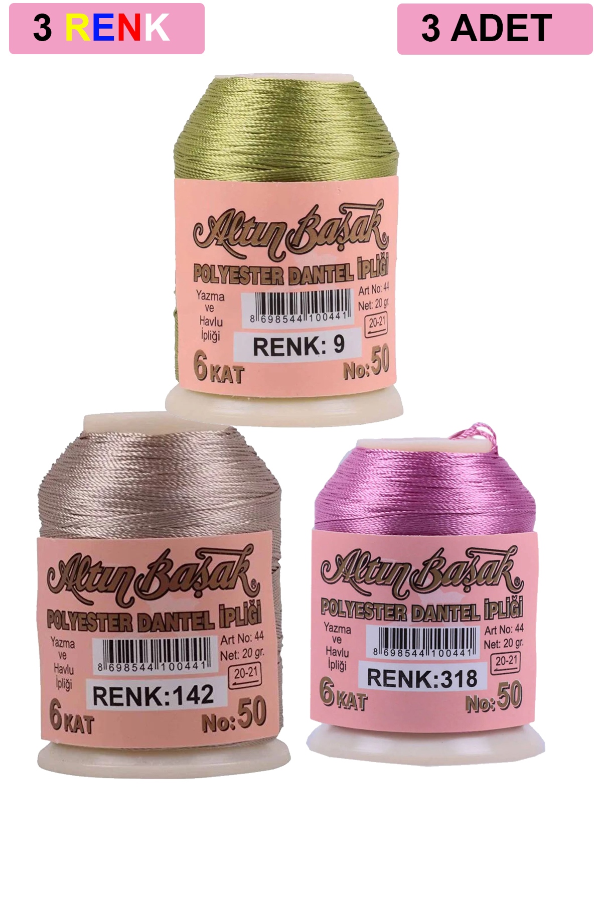 3 Adet Altınbaşak Oya ve Dantel İpi 20 gr - Turk - No: 142 - 318 - 009