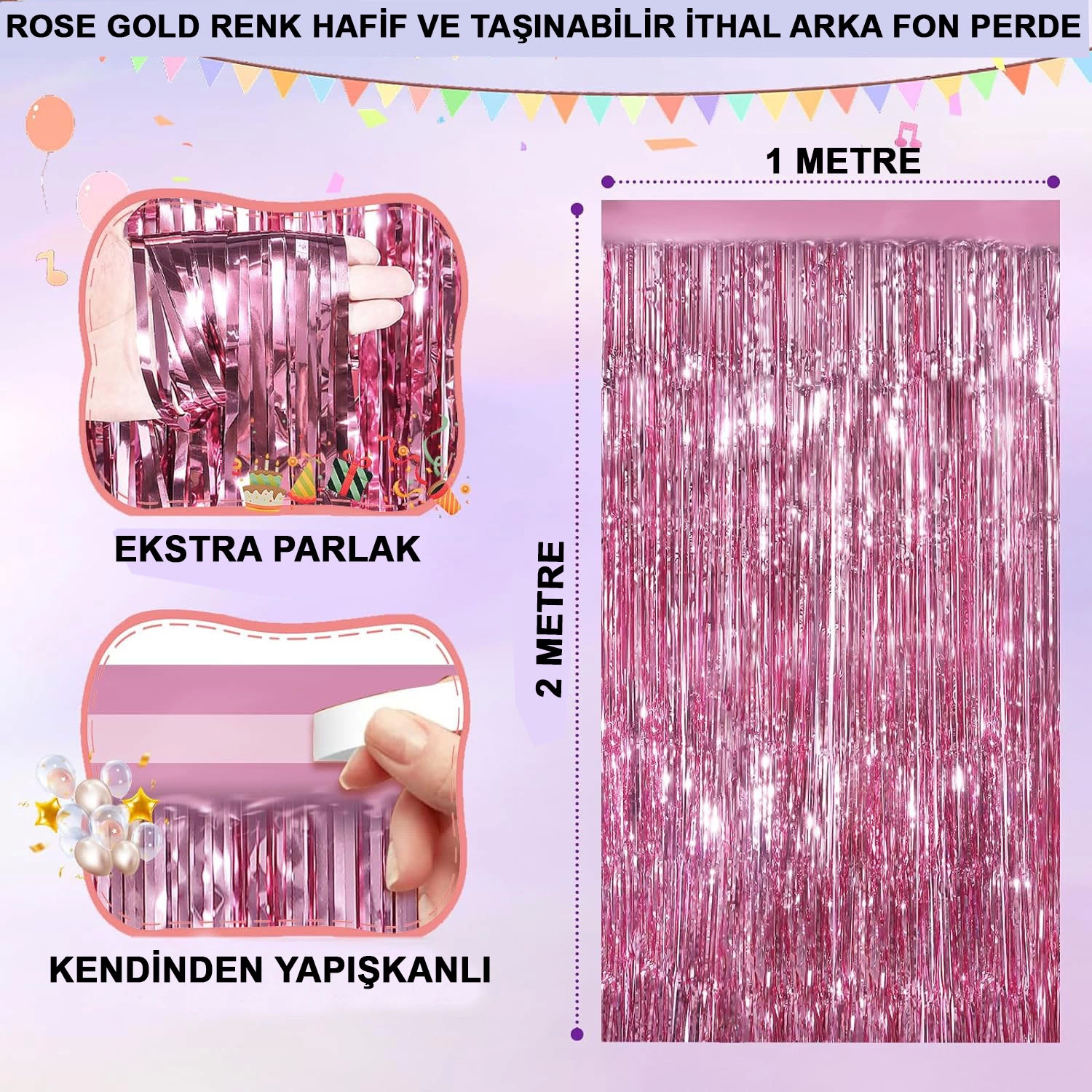 Rose Gold Renk Ekstra Metalize Parlak Saçaklı Arka Fon Perde İthal A Kalite 1x2 Metre