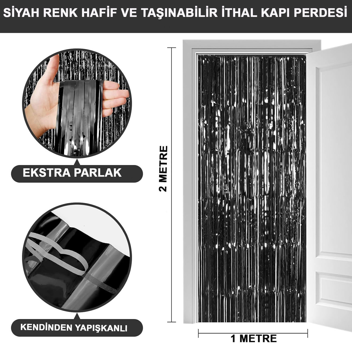 Siyah Renk Ekstra Metalize Parlak Saçaklı Arka Fon Perde İthal A Kalite 1x2 Metre (4767)