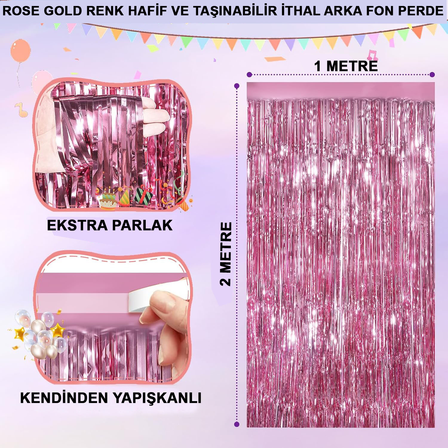 Rose Gold Renk Ekstra Metalize Parlak Saçaklı Arka Fon Perde İthal A Kalite 1x2 Metre (4767)