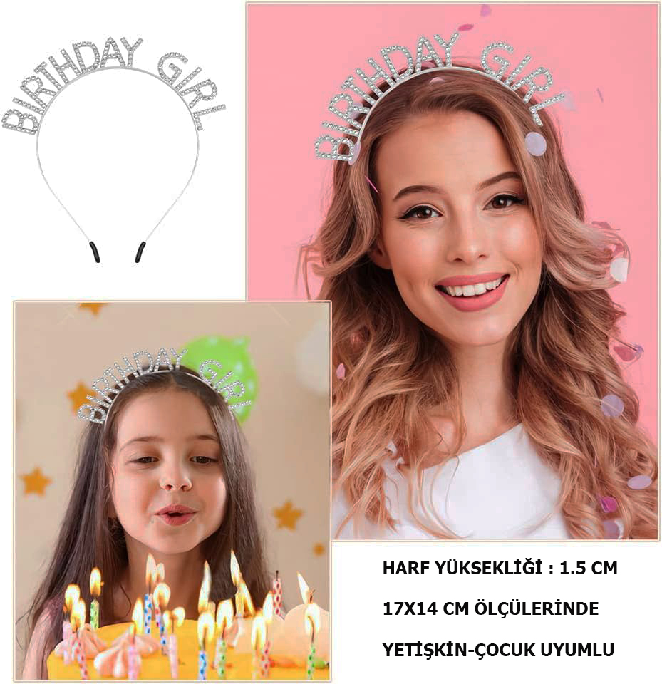 Kristal Taşlı Gümüş Birthday Girl Yazılı Doğum Günü Parti Tacı 19x11 cm (4767)