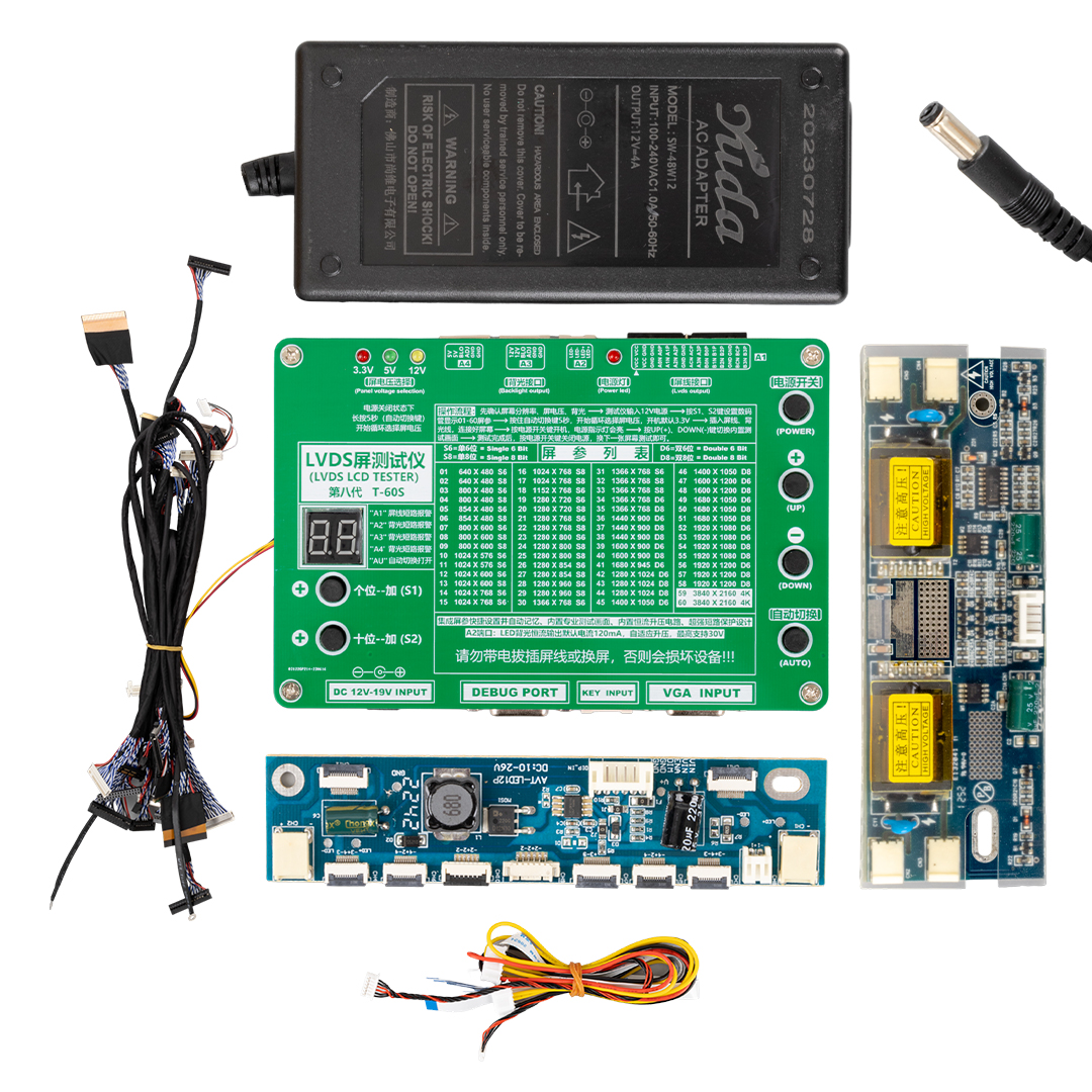 LVDS LCD TESTER T-60S LCD/LED TV PANEL TEST CİHAZI + 14 PARÇA KABLO +2 PARÇA INVERTER + ADAPTÖR (4767)