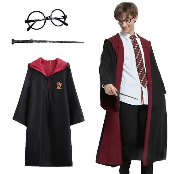 Harry Potter Gryffindor Kapişonlu Çocuk Kostüm + Asa + Gözlük Seti 7-8 Yaş