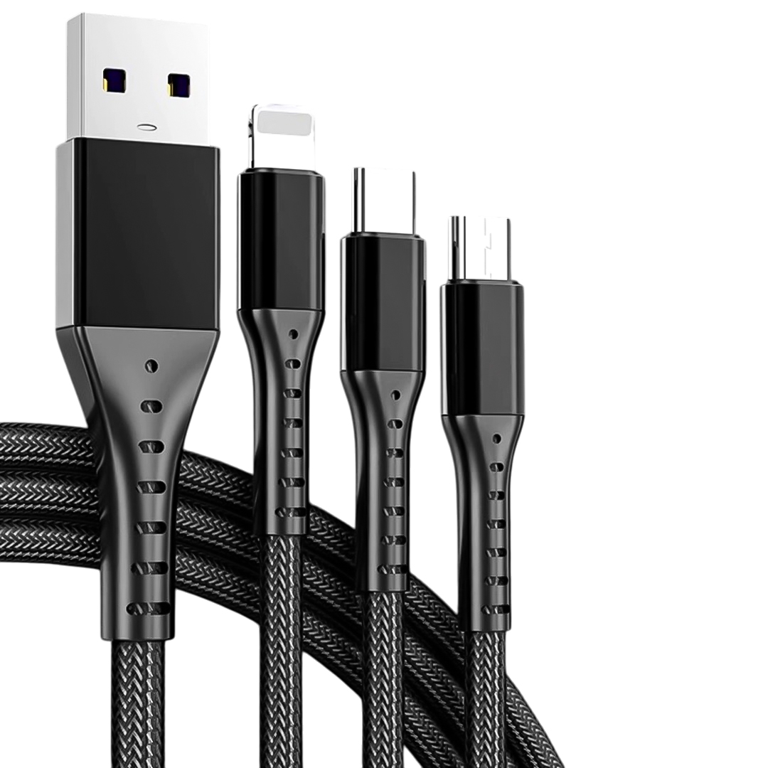 3IN1 SİYAH 1.2 METRE (MICRO USB - LIGHTNING - TYPE C) TELEFON ŞARJ KABLOSU (4767)