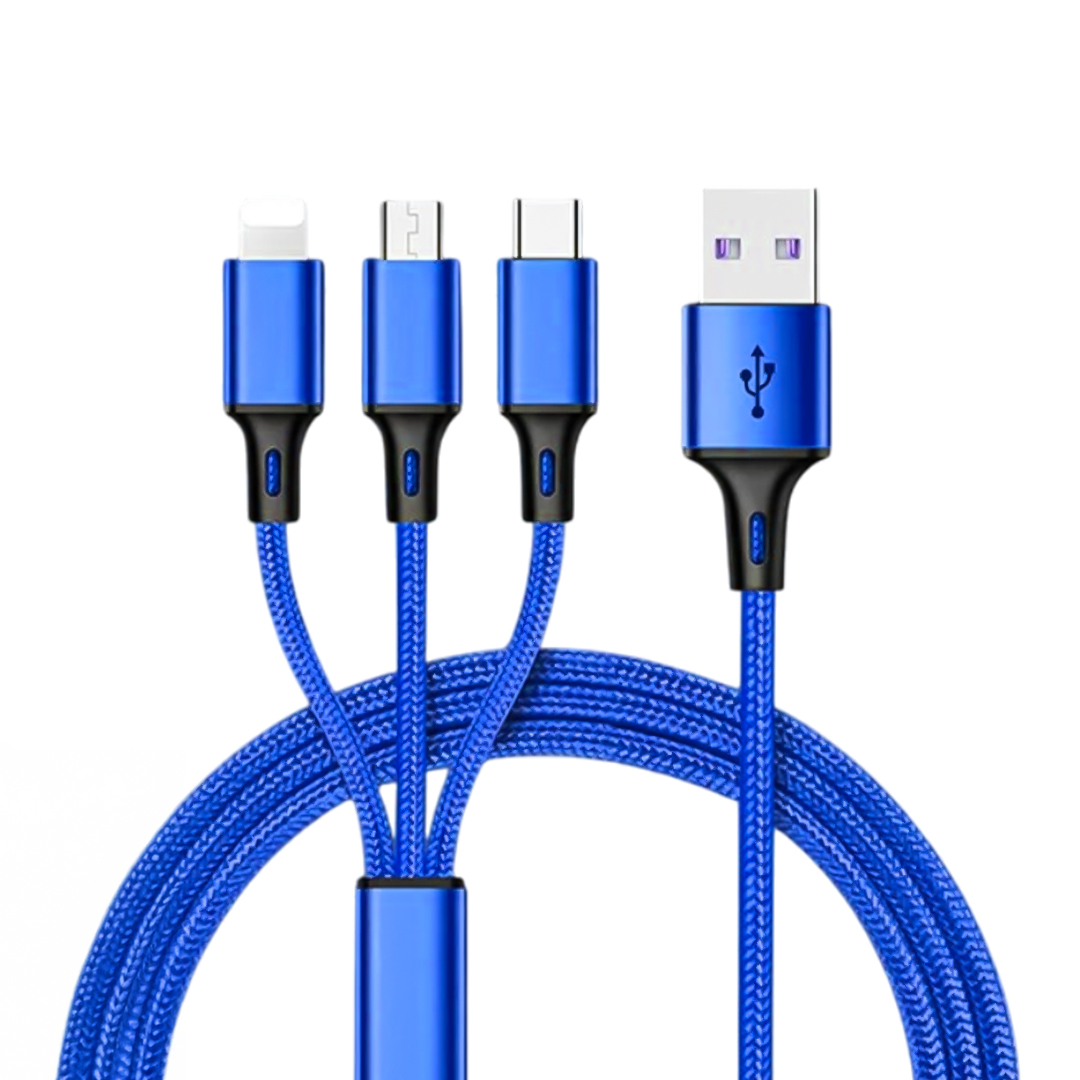 3IN1 MAVİ 1.2 METRE (MICRO USB - LIGHTNING - TYPE C) TELEFON ŞARJ KABLOSU (4767)