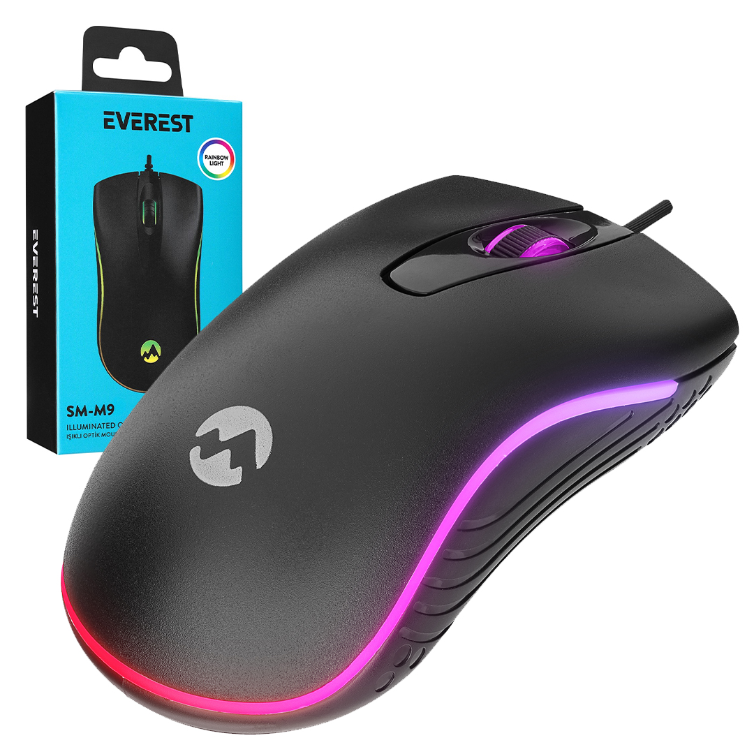 EVEREST SM-M9 1000 DPI USB RGB RAİNBOW LEDLİ SİYAH 3D OPTİK LED MOUSE (4767)