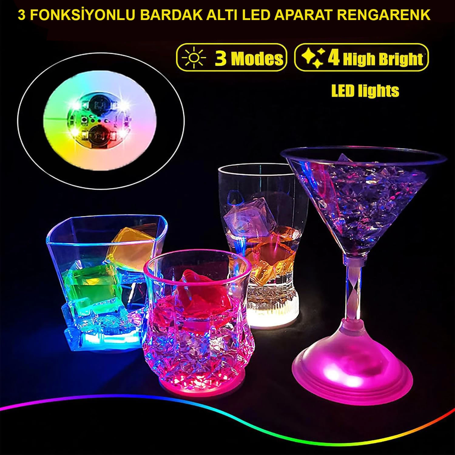 Işıklı Yapışkanlı Bardak Altı Aparatı Ledli 3 Fonksiyonlu 6 Cm Çap