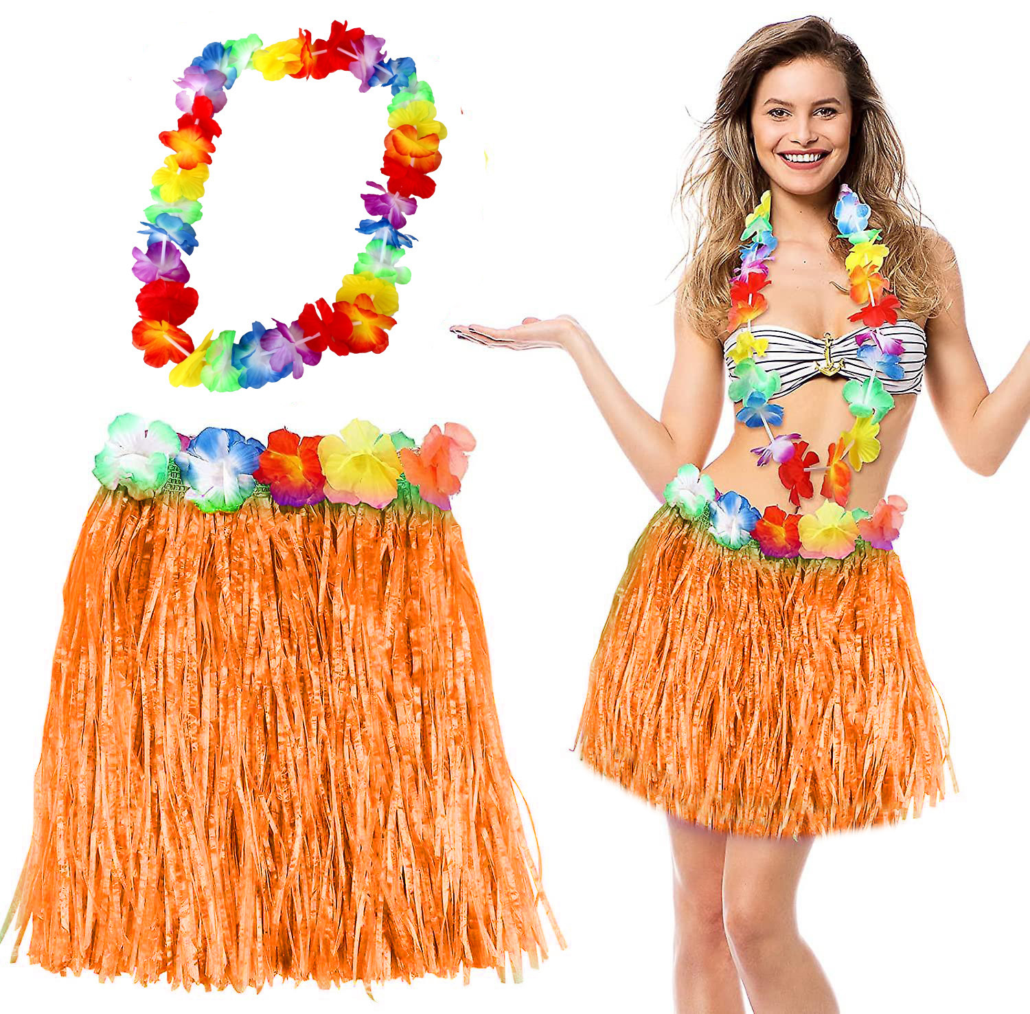 Hawaii Luau Aloha Turuncu Püsküllü 40 cm Etek ve Hawaii Kolye Seti (4767)