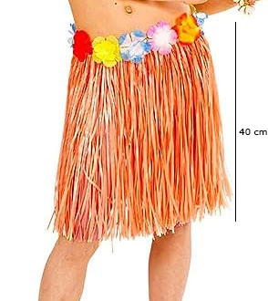 Yetişkin Ve Çocuk Uyumlu Turuncu Renk Püsküllü Hawaii Luau Hula Etek 40 Cm