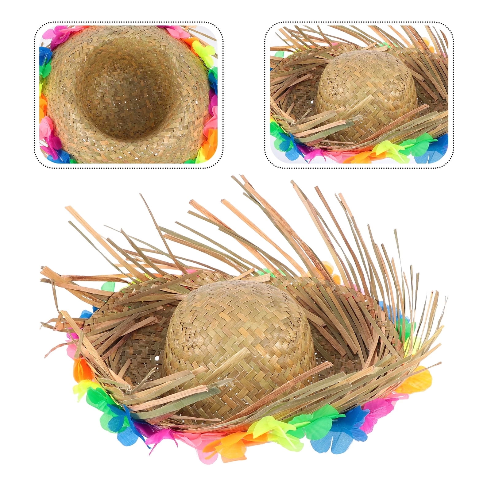 Naturel Renk Püsküllü Örme Hasır Hawaii Luau Aloha Şapka 13x36 Cm