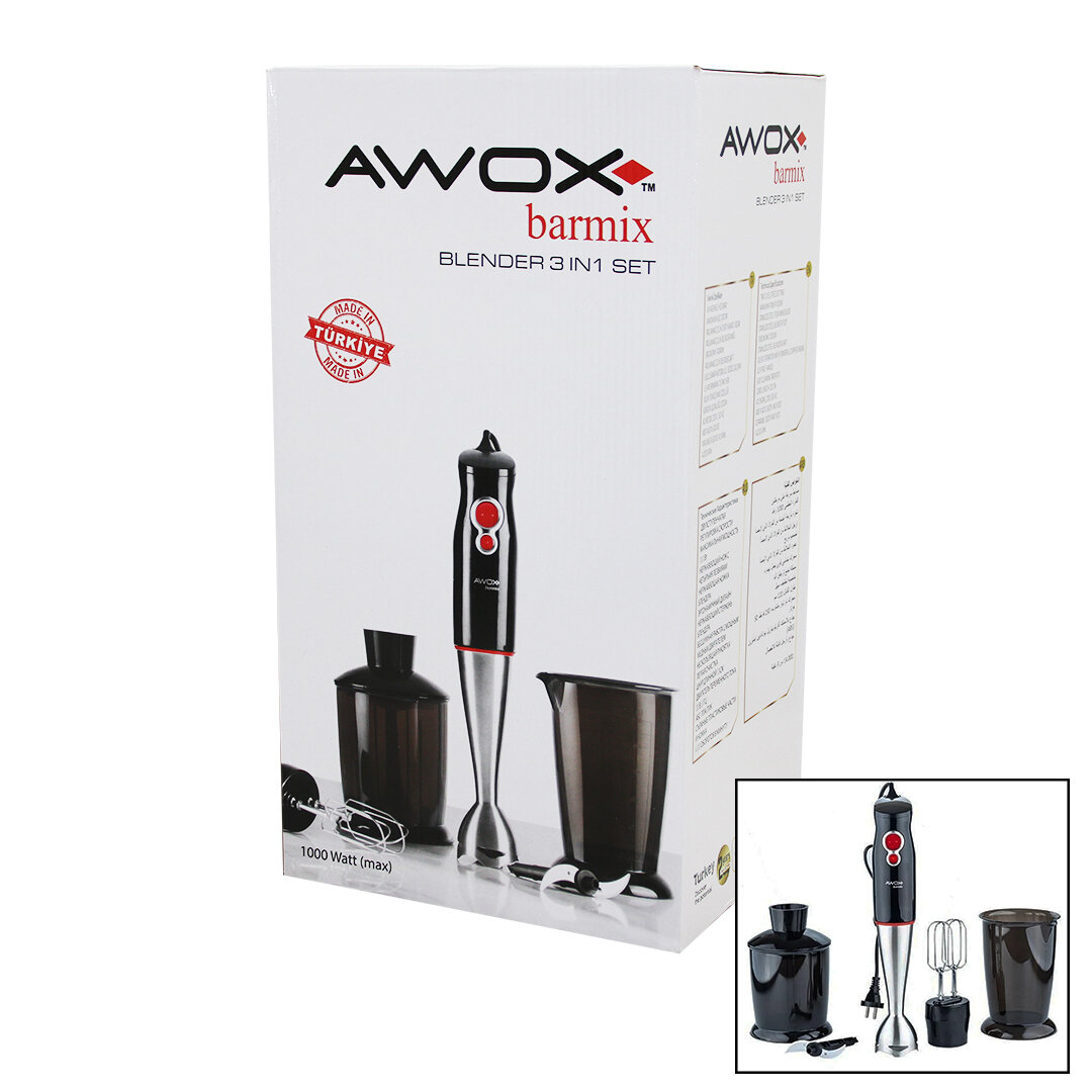 AWOX BARMİX  3İN1  BLENDER SETİ  ÇELİK 2Lİ MİKSER   ÇELİK RONDO BIÇAK   ÇELİK 4 KANATLI BIÇAK   1000W (4767)