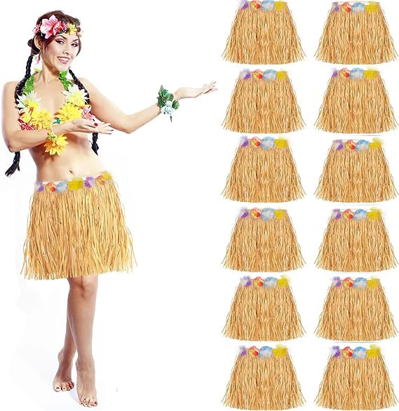 Yetişkin Ve Çocuk Uyumlu Saman Renk Hawaii Luau Hula Etek 40 Cm 12 Adet