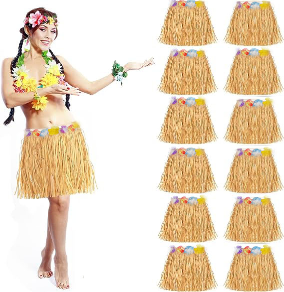 Yetişkin ve Çocuk Uyumlu Saman Renk Hawaii Luau Hula Etek 40 cm 12 Adet (4767)