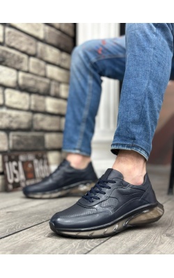 BA0324 İçi Dışı Hakiki Deri Rahat Taban Lacivert Sneakers Casual Erkek Ayakkabı