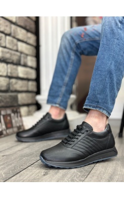 BA0325 İçi Dışı Hakiki Deri Gizli Bağcık Rahat Taban Siyah Sneakers Casual Erkek Ayakkabı