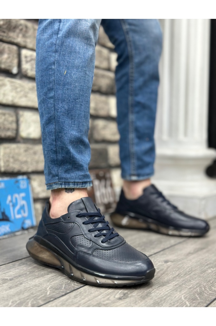 BA0324 İçi Dışı Hakiki Deri Rahat Taban Lacivert Sneakers Casual Erkek Ayakkabı