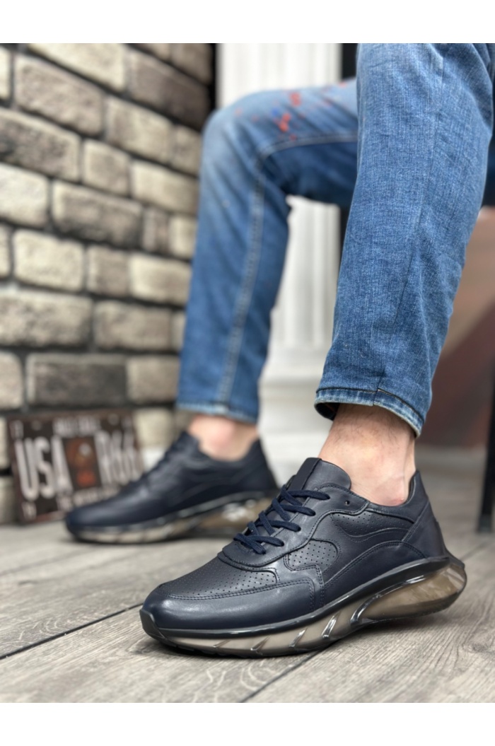 BA0324 İçi Dışı Hakiki Deri Rahat Taban Lacivert Sneakers Casual Erkek Ayakkabı