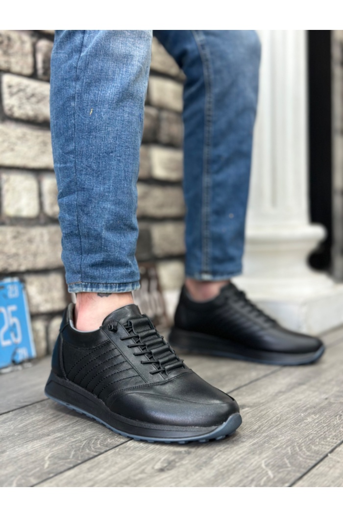 BA0325 İçi Dışı Hakiki Deri Gizli Bağcık Rahat Taban Siyah Sneakers Casual Erkek Ayakkabı