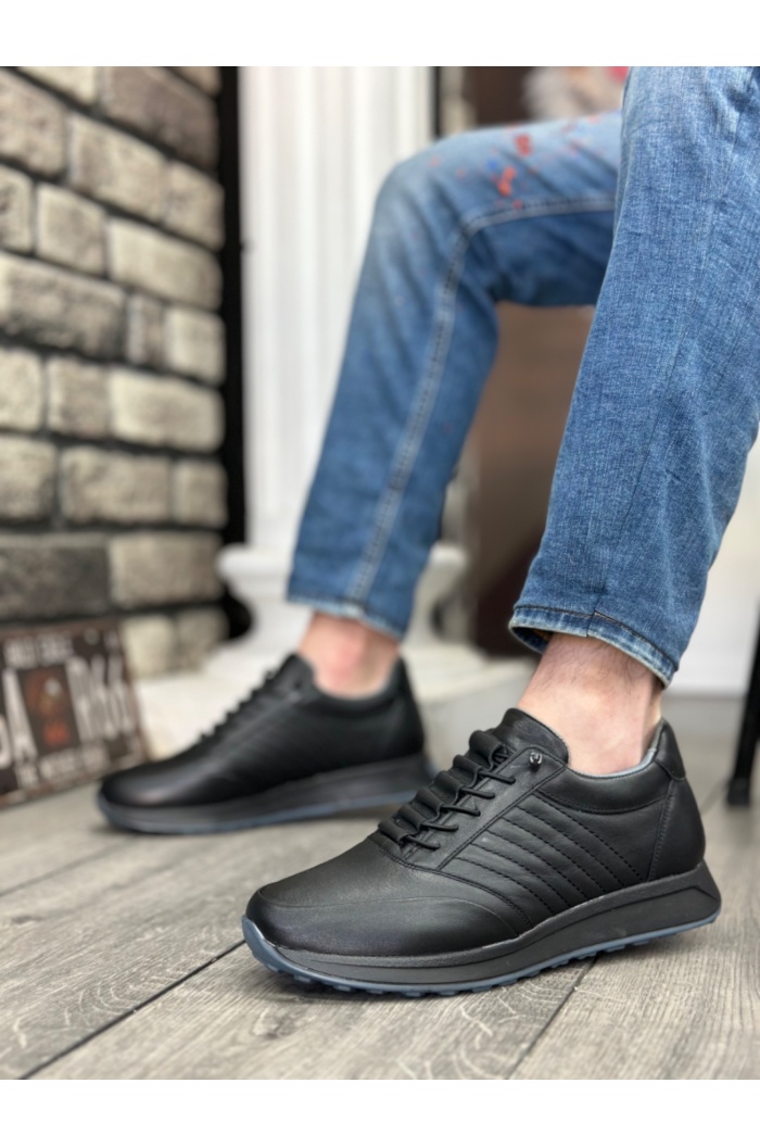 BA0325 İçi Dışı Hakiki Deri Gizli Bağcık Rahat Taban Siyah Sneakers Casual Erkek Ayakkabı