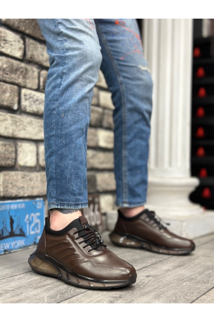 BA0345 Hakiki Deri Rahat Taban Ayarlanabilir Lastik Bağcıklı Desenli Kahverengi Casual Erkek Ayakkabı