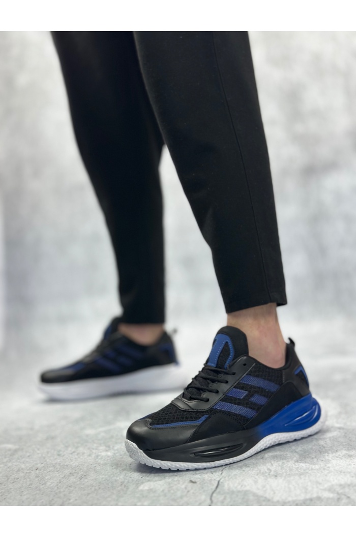 BA0650 Tarz Sneakers Yüksek Taban Siyah Mavi Spor Ayakkabısı