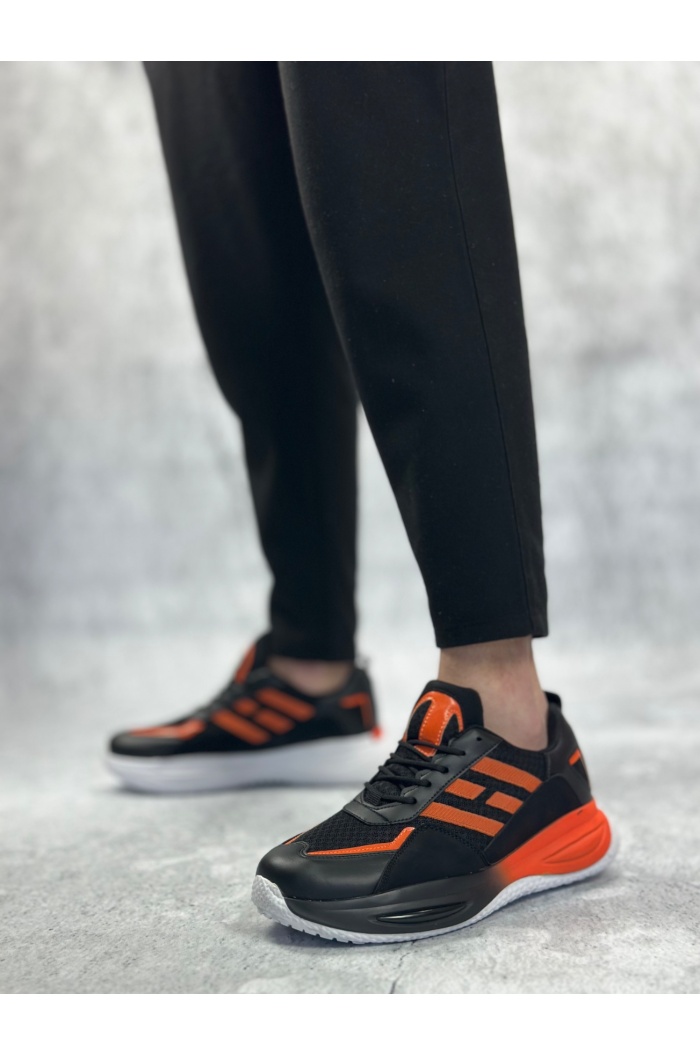 BA0650 Tarz Sneakers Yüksek Taban Siyah Turuncu Spor Ayakkabısı