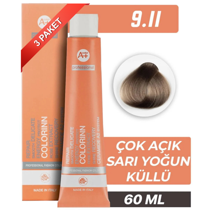 COLORİNN PROFESSİONAL TÜP SAÇ BOYASI 9.11 ÇOK AÇIK SARI YOĞUN KÜLLÜ 60 ML (PAKET 3 ADET)