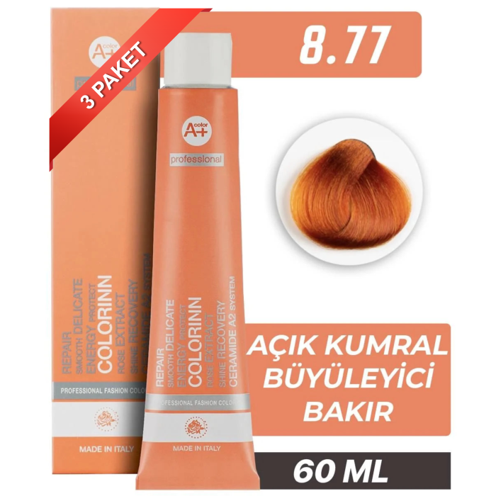 COLORİNN PROFESSİONAL TÜP SAÇ BOYASI 8.77 AÇIK KUMRAL BÜYÜLEYİCİ BAKIR 60 ML (PAKET 3 ADET)