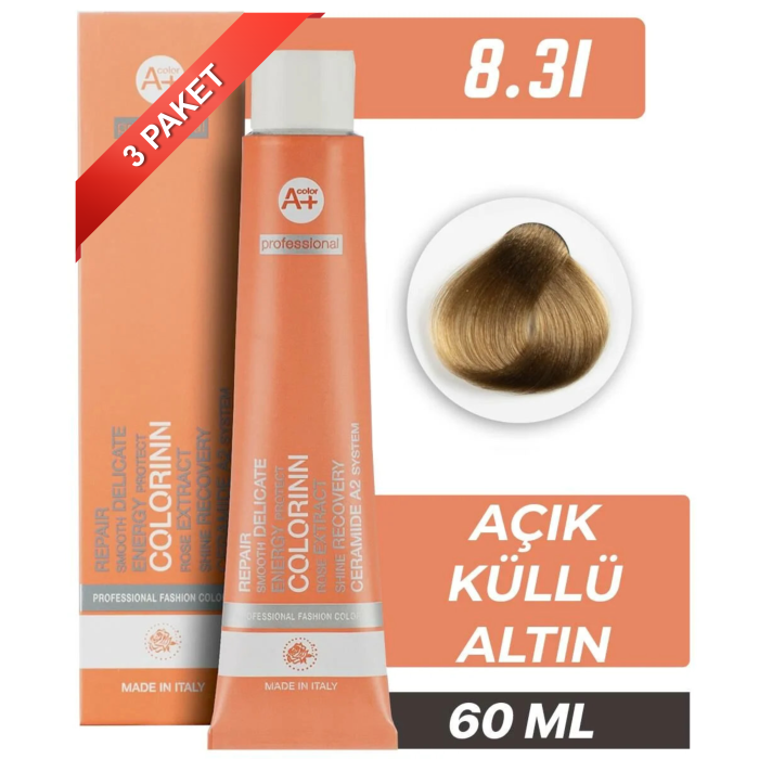 COLORİNN PROFESSİONAL TÜP SAÇ BOYASI 8.31 AÇIK KÜLLÜ ALTIN 60 ML (PAKET 3 ADET)