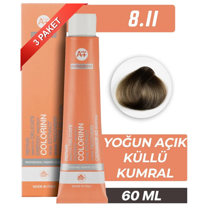 COLORİNN PROFESSİONAL TÜP SAÇ BOYASI 8.11 YOĞUN AÇIK KÜLLÜ KUMRAL 60 ML (PAKET 3 ADET)