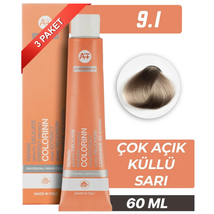 COLORİNN PROFESSİONAL TÜP SAÇ BOYASI 9.1 ÇOK AÇIK KÜLLÜ SARI 60 ML (PAKET 3 ADET)