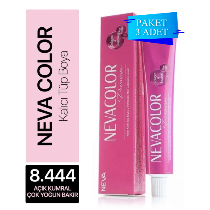 NEVA COLOR TÜP SAÇ BOYASI 8.444 AÇIK KUMRAL ÇOK YOĞUN BAKIR 50 ML (PAKET 3 ADET)