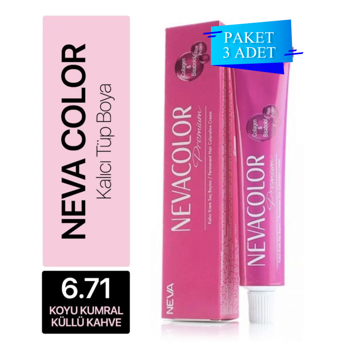 NEVA COLOR TÜP SAÇ BOYASI 6.71 KOYU KUMRAL KÜLLÜ KAHVE 50 ML (PAKET 3 ADET)