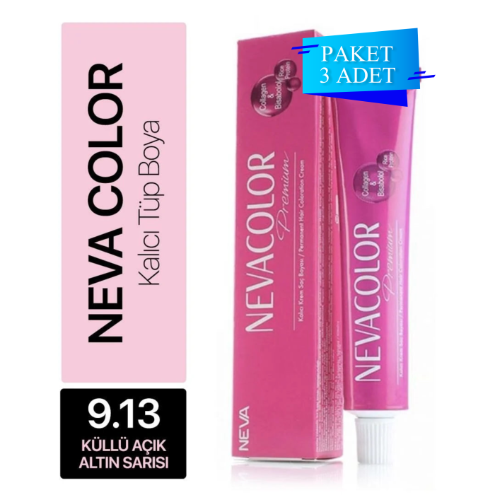 NEVA COLOR TÜP SAÇ BOYASI 9.13 KÜLLÜ AÇIK ALTIN SARISI 50 ML (PAKET 3 ADET)