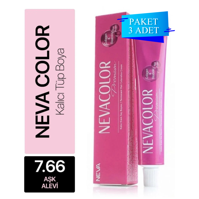 NEVA COLOR TÜP SAÇ BOYASI 7.66 AŞK ALEVİ 50 ML (PAKET 3 ADET)