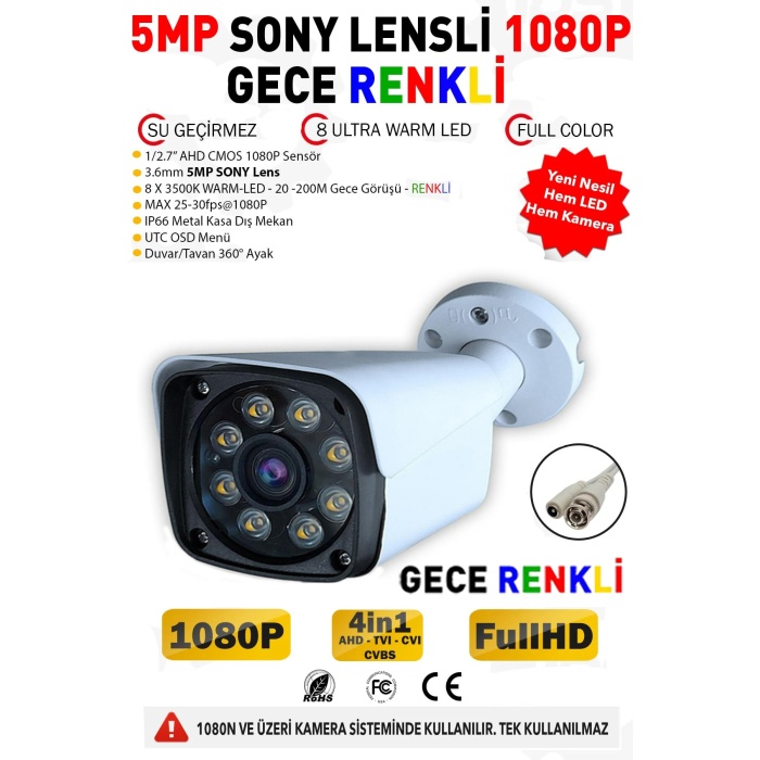 J-TECH 3030 Metal 5MP SONY LENS Gece Renkli 8 Warm Light 1080P AHD Güvenlik Kamera