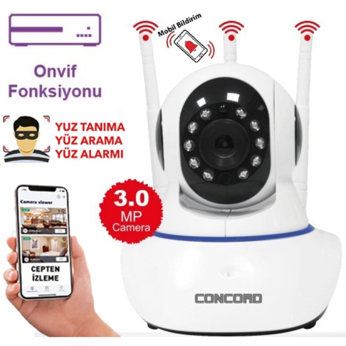 Concord C-630 3.0MP 360 Wi-Fi IP Kamera Türkçe Uygulamalı Bebek Kamerası Android iOS