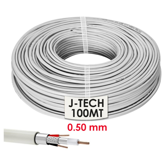 J-TECH 050 A+Kaliteli 2x 0.50mm 100 Metre 2+1 Folyolu Lüks CCTV Güvenlik Kablo  (16x0.18 CCD)