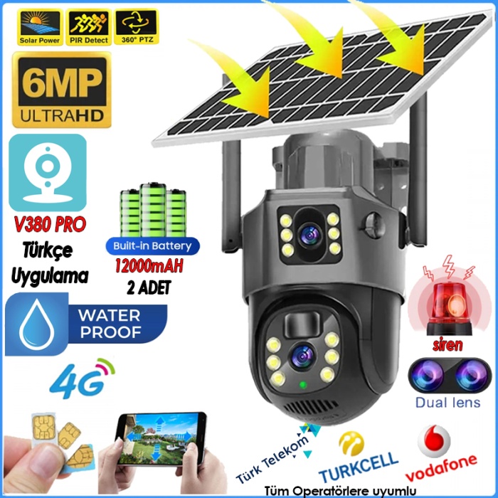 MPIA MIKA-4G 6MP 4K 4G Sim Kartlı Güneş Panel Dual Lens Solar 2x12000mAH Alarmlı Mikrofon 360 PTZ Türkçe Uygulama Güvenlik Kamera