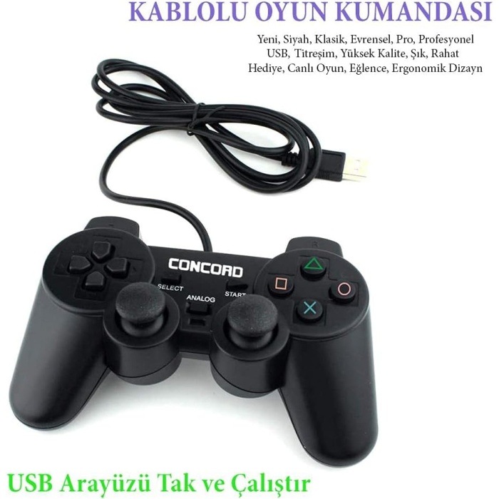 Concord C-850 Titreşimli USB Kablolu Joystick Gamepad Oyun Kolu Bilgisayar Masaüstü Laptop Uyumlu